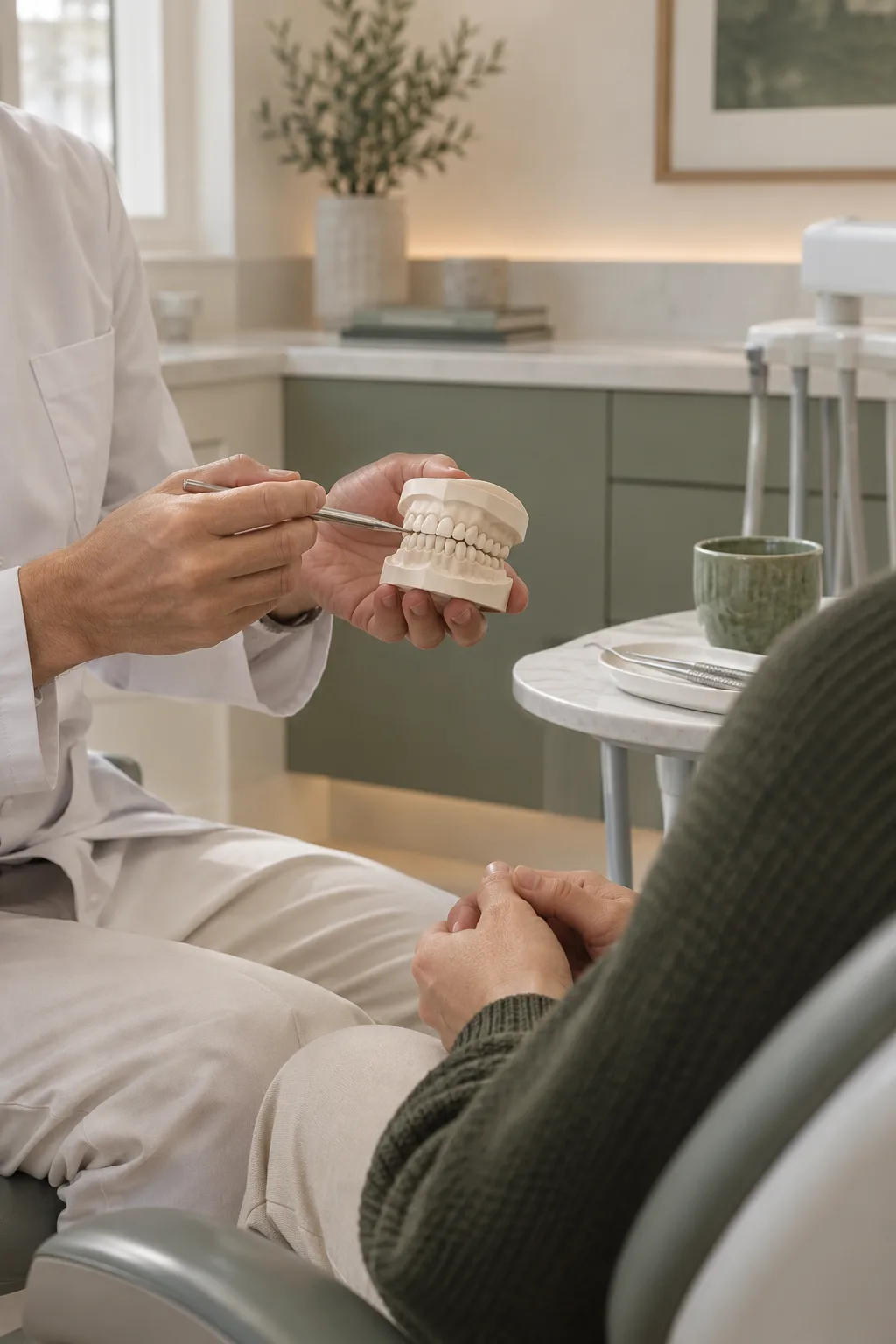 Dental model üzerinden tedavi seçeneklerinin açıklandığı temsili bir görüşme