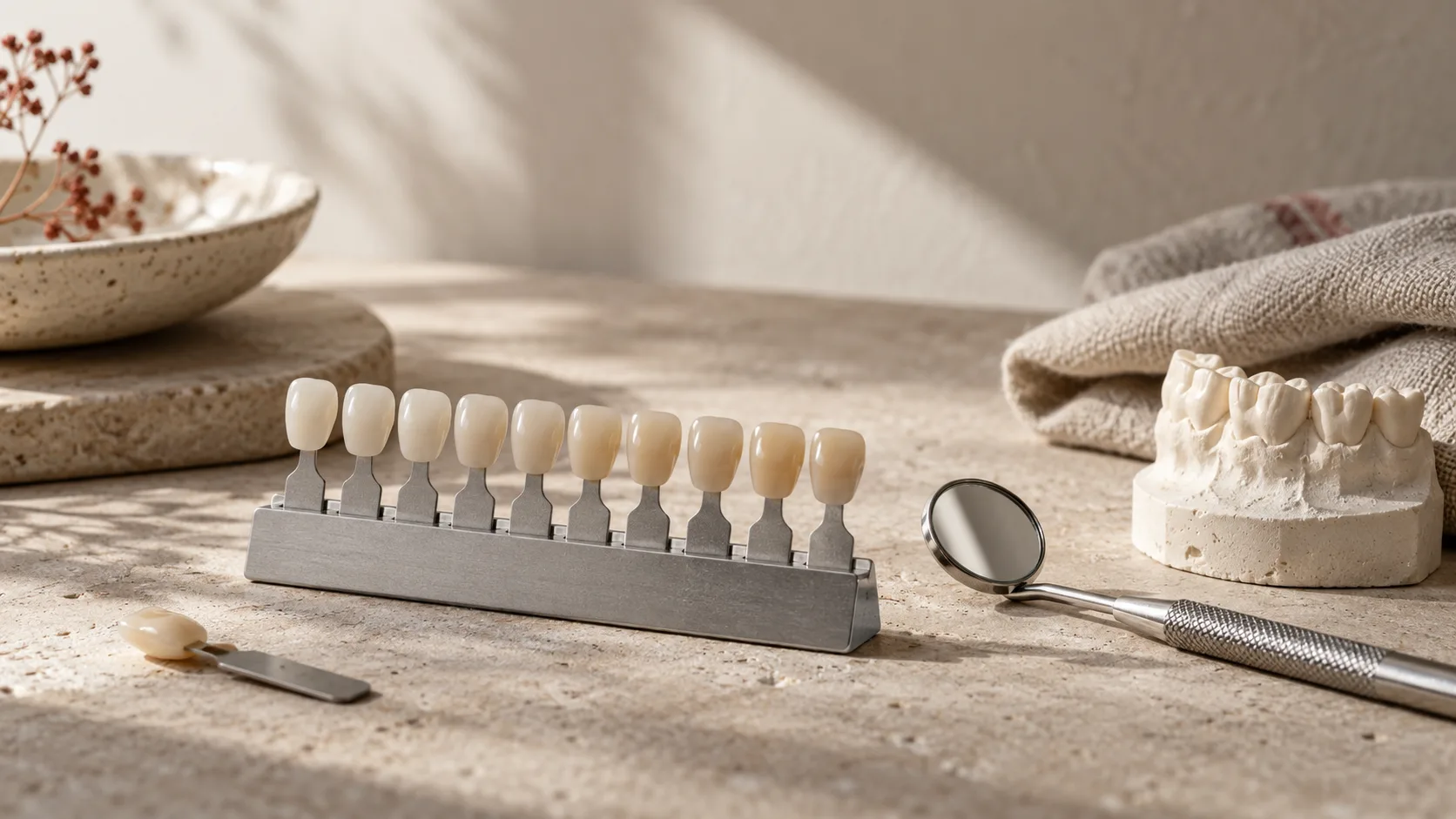 Seramik renk skalası, alçı diş modeli ve dental ayna ile hazırlanmış materyal çalışması